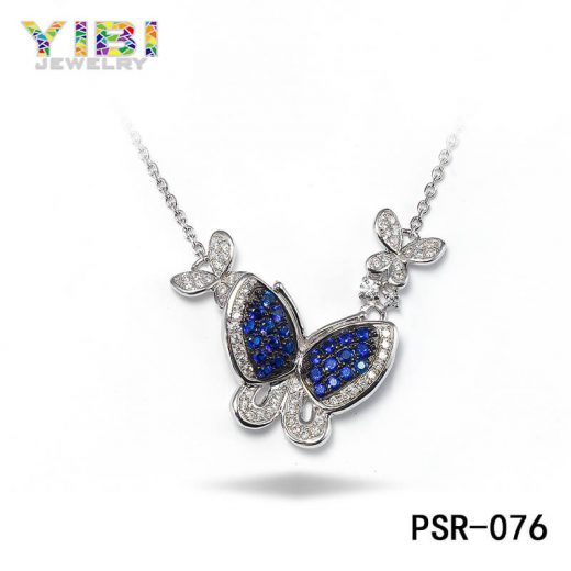 Brass Blue Cubic Zirconia Butterfly Necklace