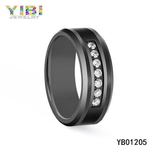 Cubic Zirconia Inlay Brushed Black Tungsten Carbide Rings